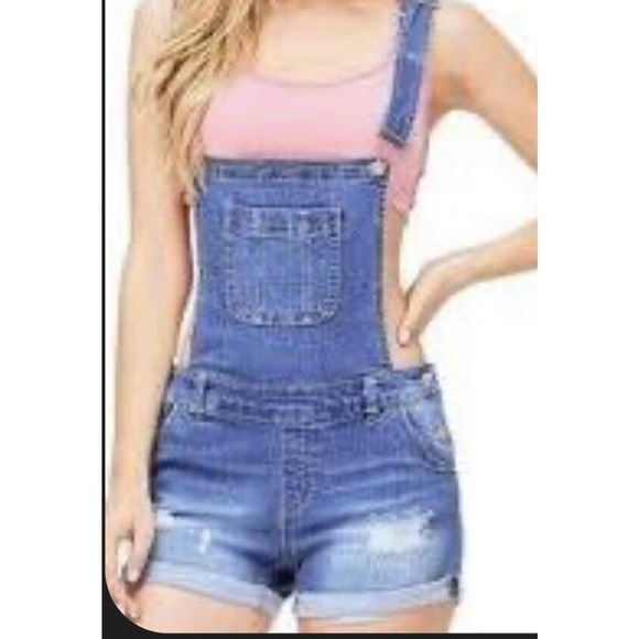Wax Jean Denim - Wax Jean Denim Overall Shorts With Adjustable Straps Size Small Dark Distressed